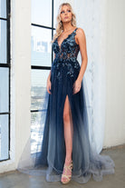 V-Neck Prom Dress w/ 3D Floral Applique-smcdress