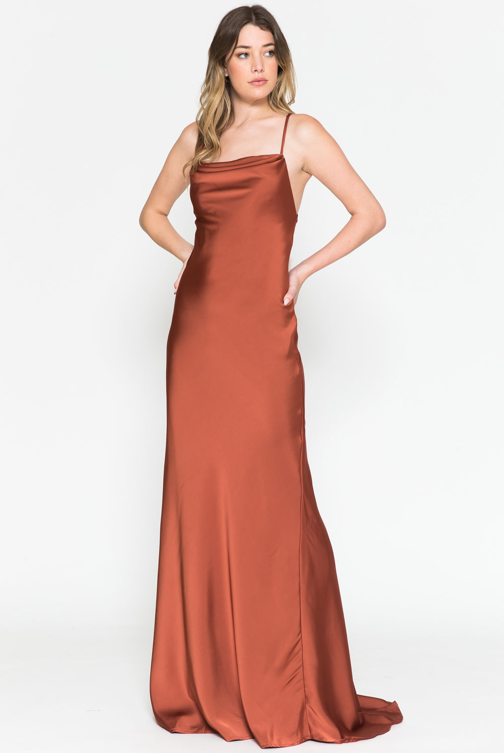 Long Satin Wedding & Evening Dress, Cowl Neck, Spaghetti Straps-smcdress