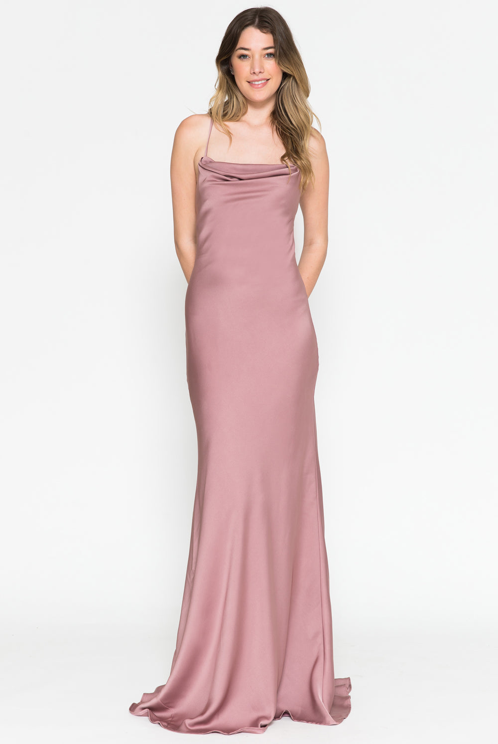 Long Satin Wedding & Evening Dress, Cowl Neck, Spaghetti Straps-smcdress
