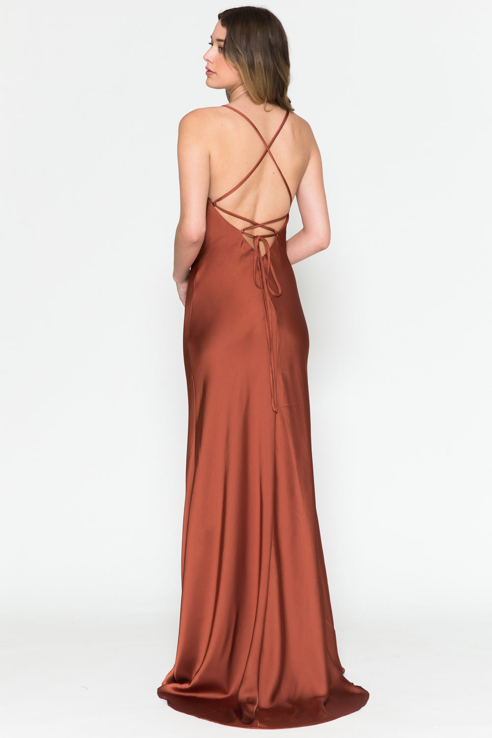 Long Satin Wedding & Evening Dress, Cowl Neck, Spaghetti Straps-smcdress