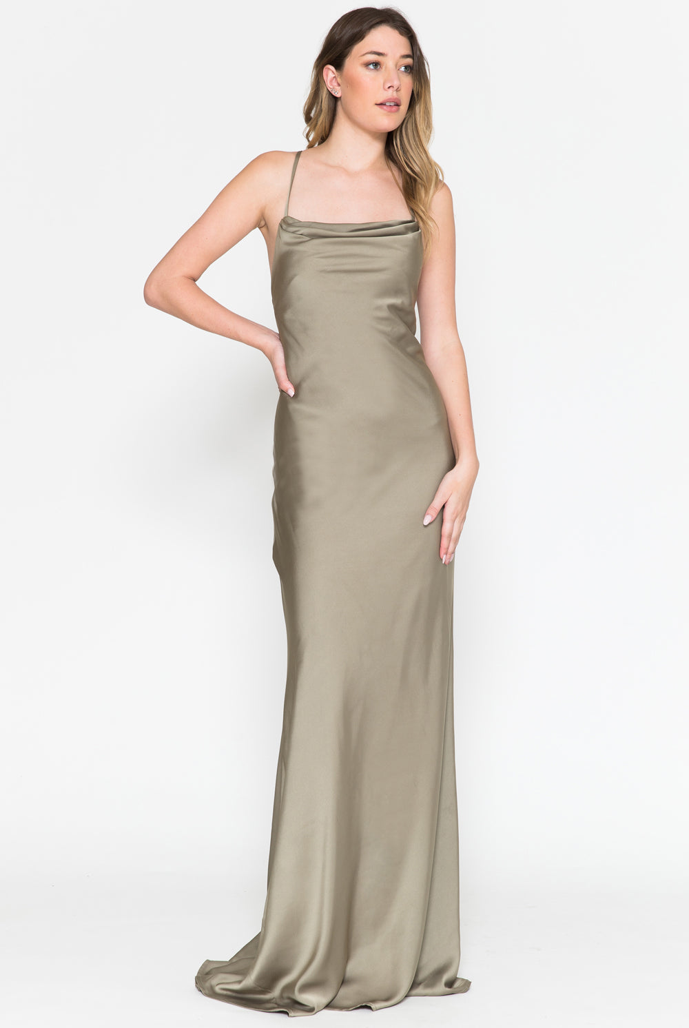 Long Satin Wedding & Evening Dress, Cowl Neck, Spaghetti Straps-smcdress