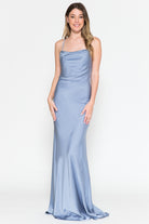 Long Satin Wedding & Evening Dress, Cowl Neck, Spaghetti Straps-smcdress