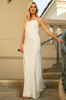 Long Satin Wedding & Evening Dress, Cowl Neck, Spaghetti Straps-smcdress