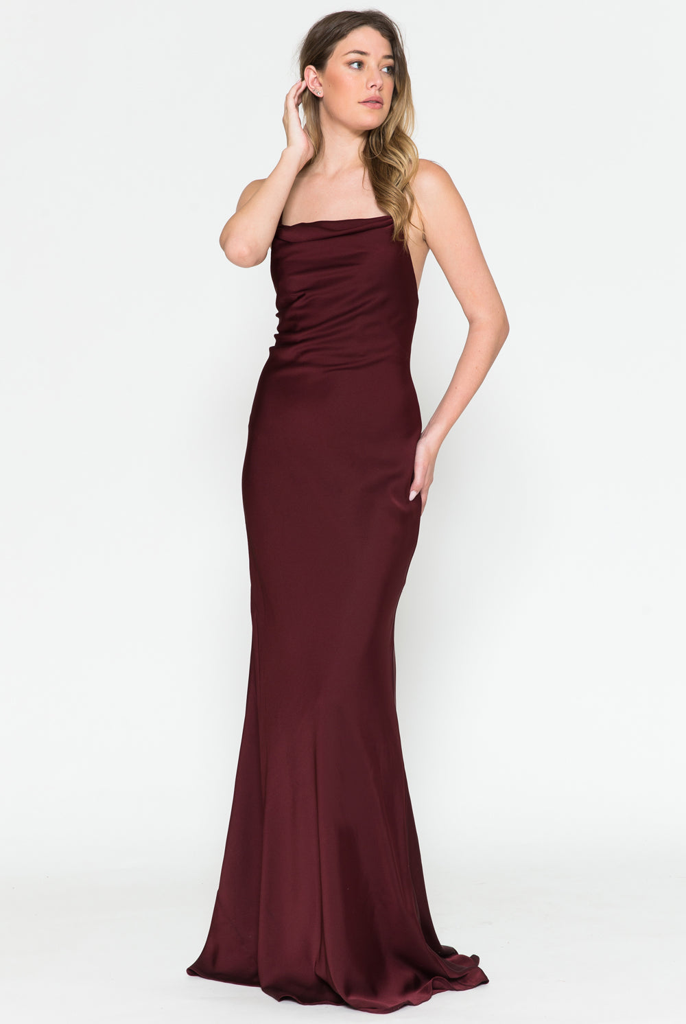 Long Satin Wedding & Evening Dress, Cowl Neck, Spaghetti Straps-smcdress