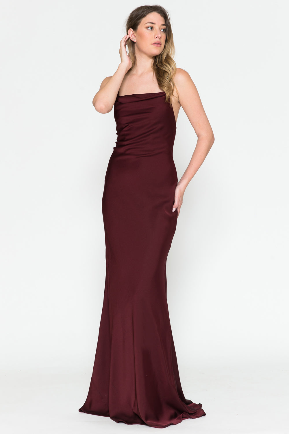 Long Satin Wedding & Evening Dress, Cowl Neck, Spaghetti Straps-smcdress
