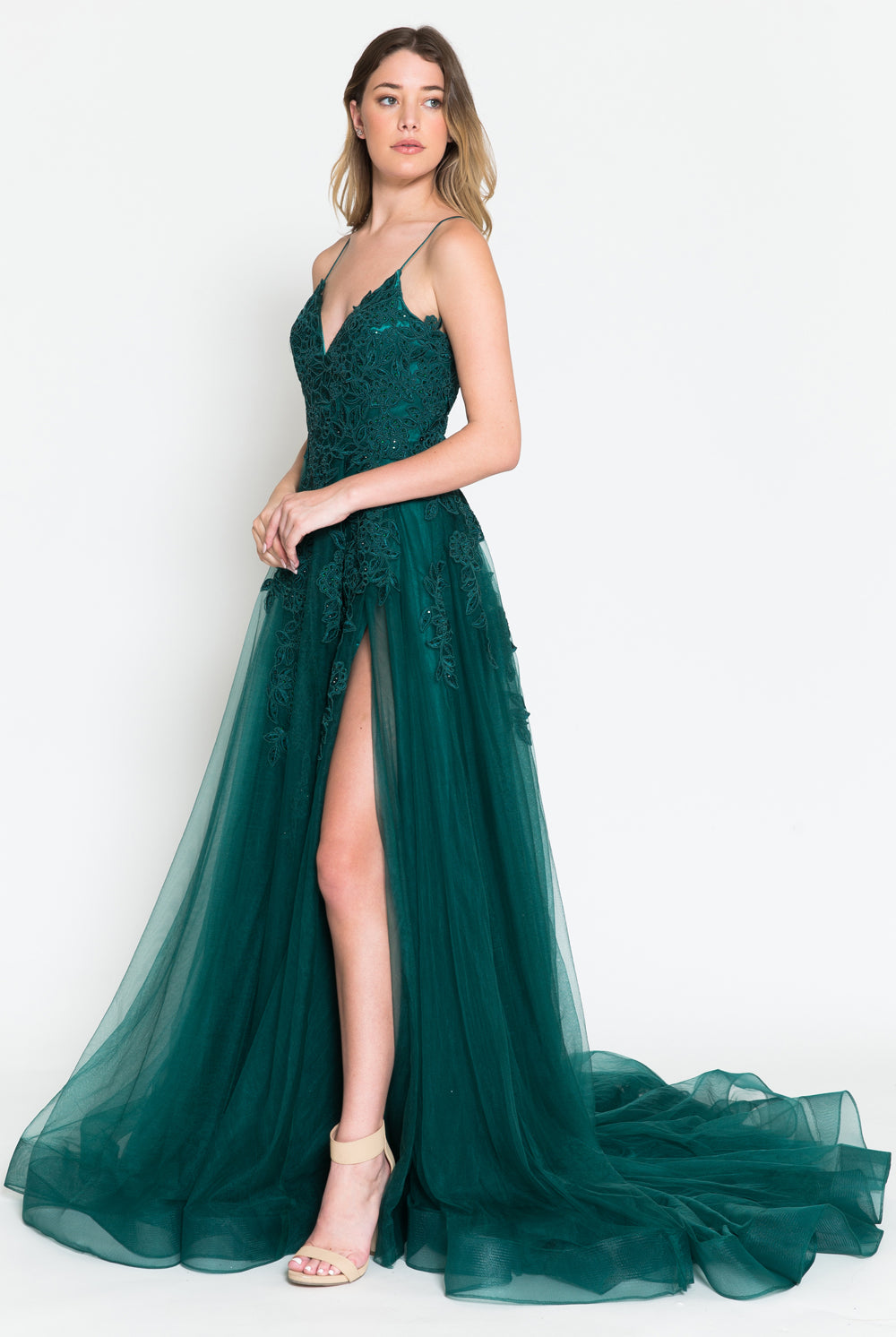 V-Neck Lace Tulle Skirt Slit Long Dress for Wedding & Prom-smcdress
