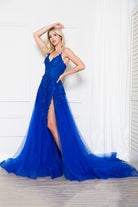 V-Neck Lace Tulle Skirt Slit Long Dress for Wedding & Prom-smcdress