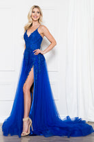 V-Neck Lace Tulle Skirt Slit Long Dress for Wedding & Prom-smcdress