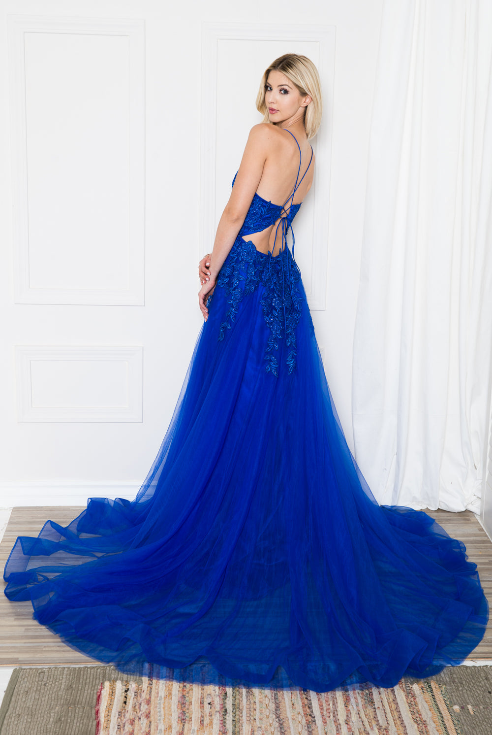 V-Neck Lace Tulle Skirt Slit Long Dress for Wedding & Prom-smcdress