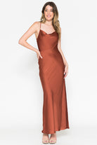 Satin Side Slit Criss Cross Back Midi Dress-smcdress