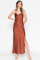 Satin Side Slit Criss Cross Back Midi Dress-smcdress
