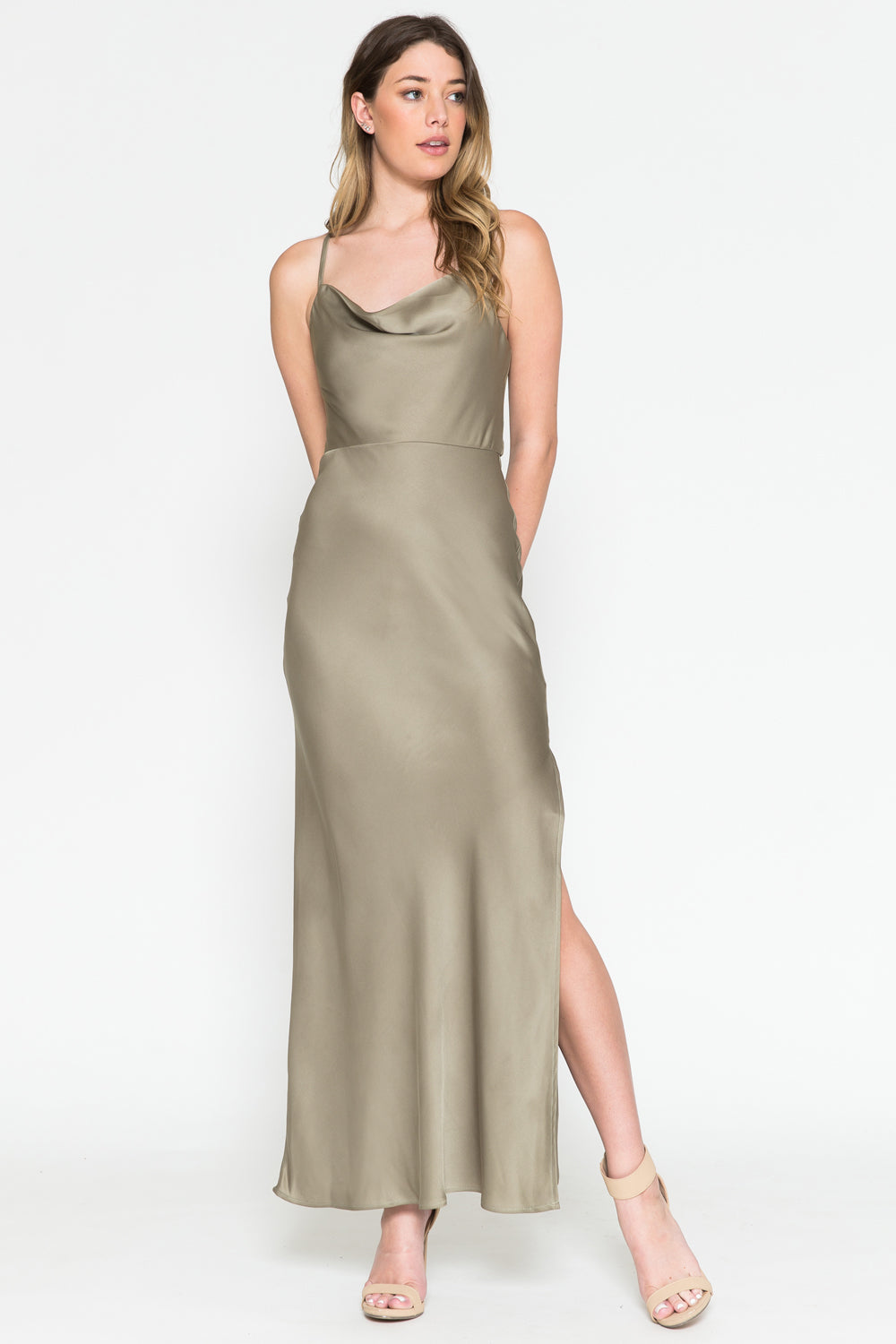 Satin Side Slit Criss Cross Back Midi Dress-smcdress
