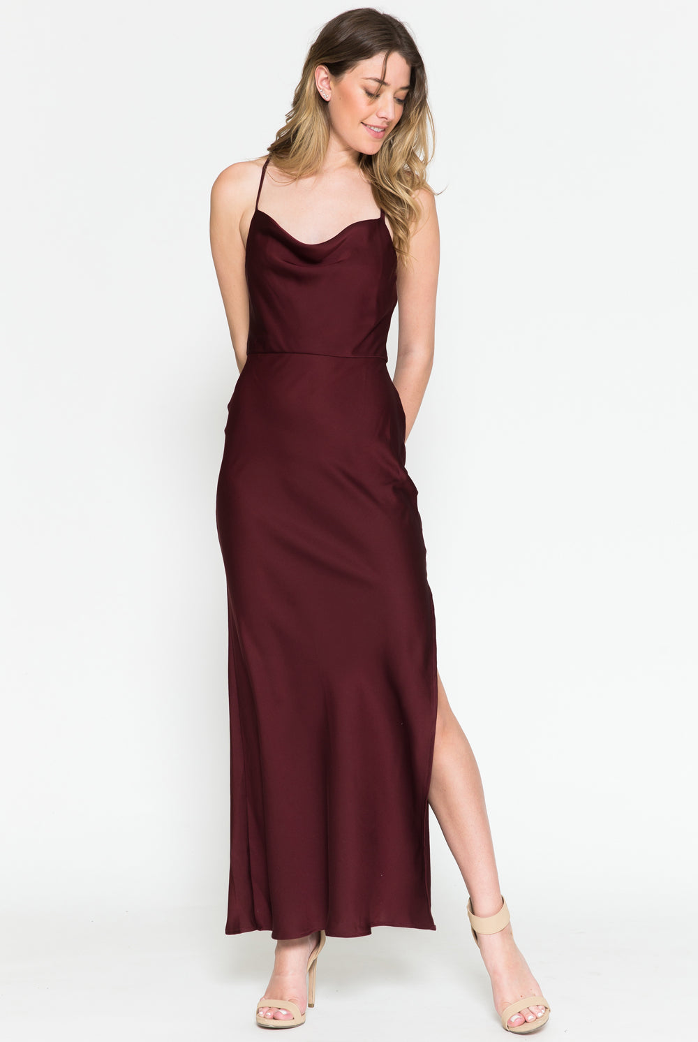 Satin Side Slit Criss Cross Back Midi Dress-smcdress