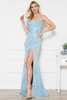 Embroidered Sequin Long Dress with Slit-smcdress