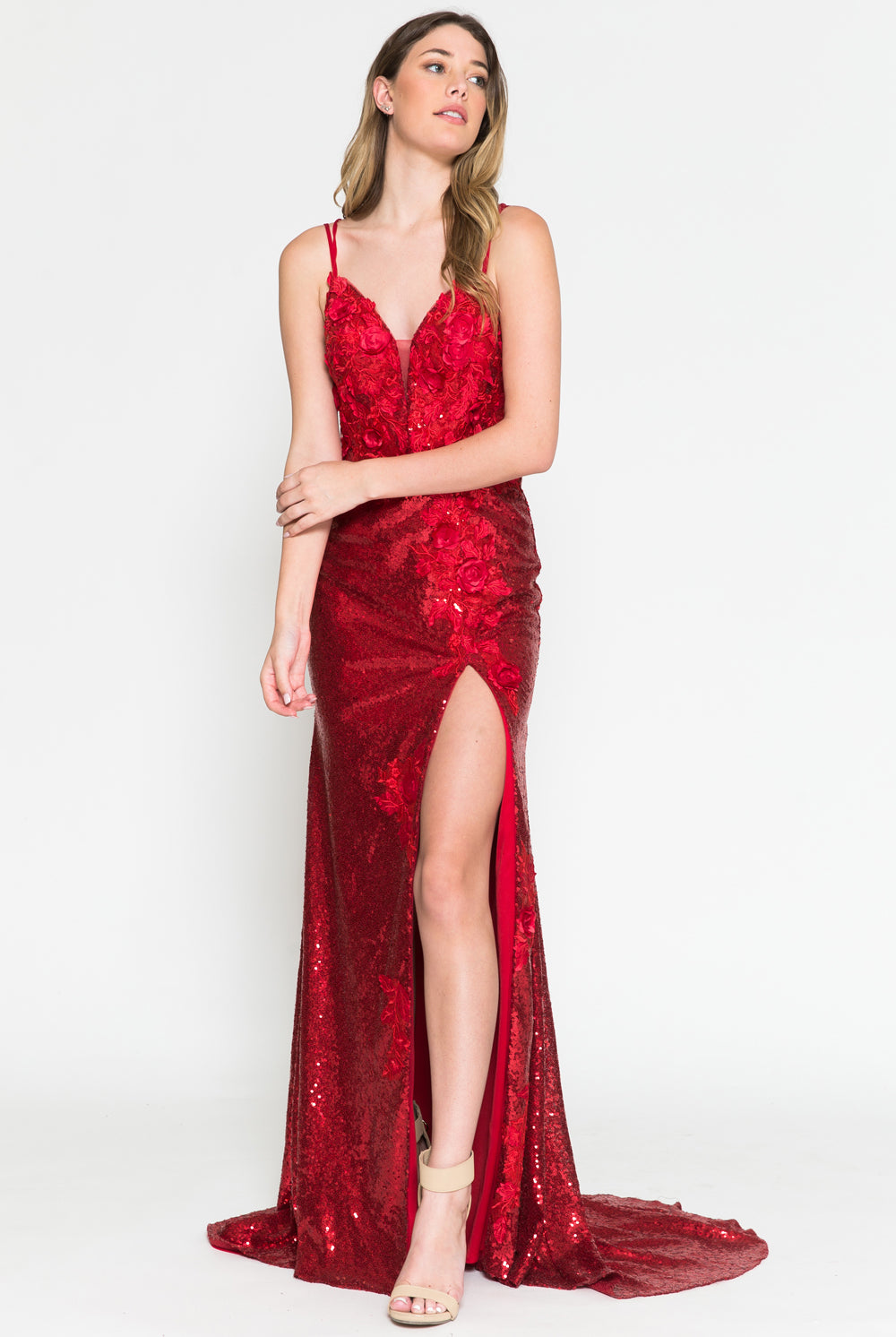 Embroidered Sequin Long Dress with Slit-smcdress