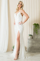 Embroidered Sequin Long Dress with Slit-smcdress