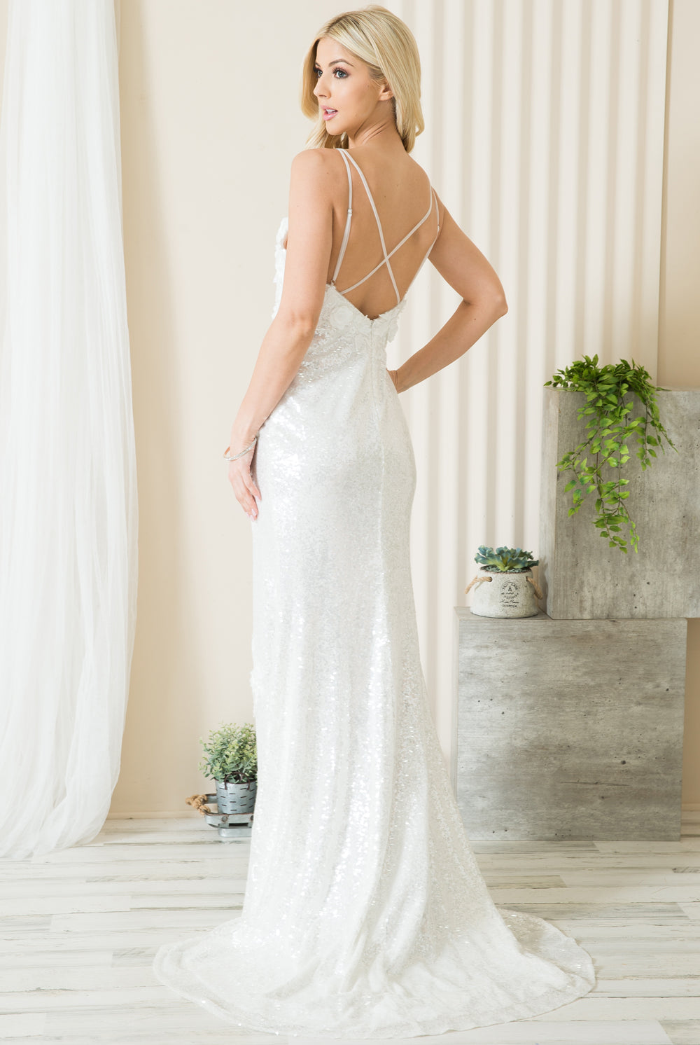Embroidered Sequin Long Dress with Slit-smcdress