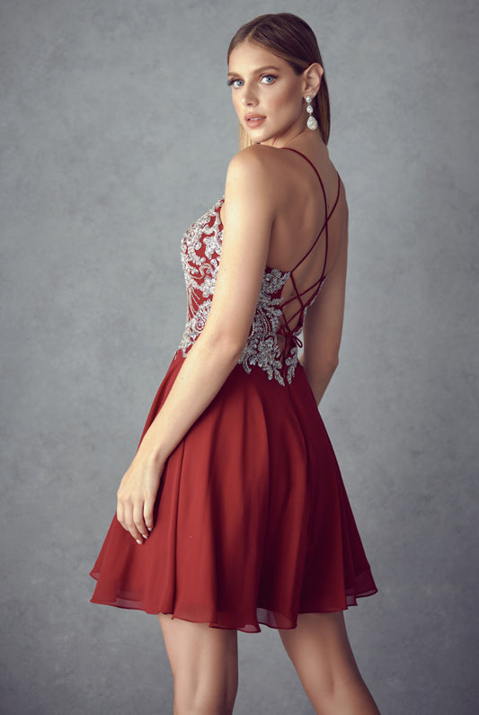 Rhinestone embellished chiffon short dress-smcdress