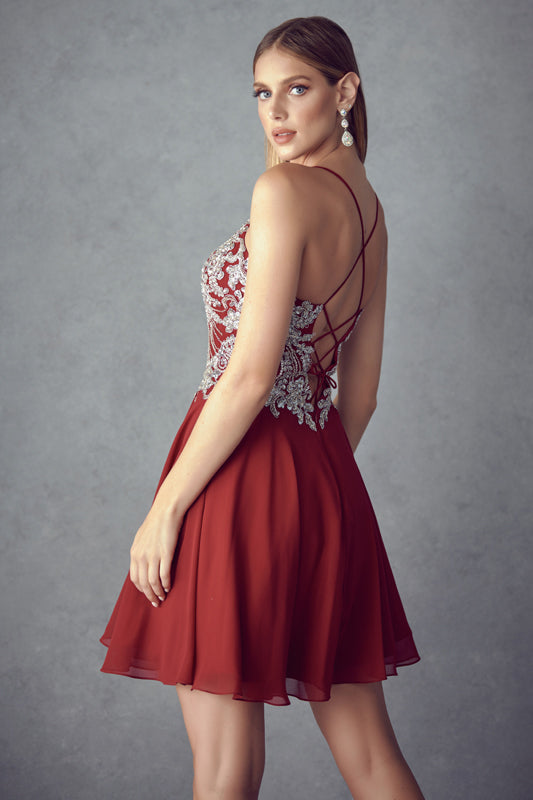 Rhinestone embellished chiffon short dress-smcdress