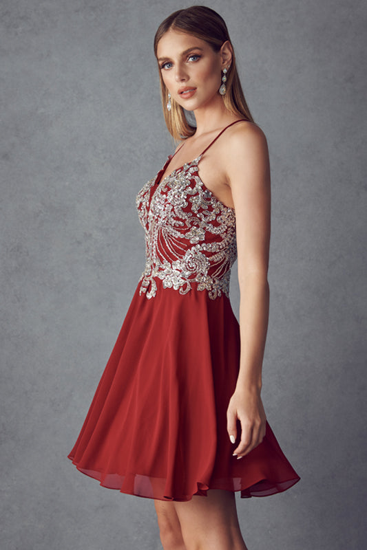 Rhinestone embellished chiffon short dress-smcdress