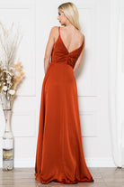 Open-V back satin prom gown w/ spaghetti straps & high slit-smcdress
