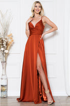 Open-V back satin prom gown w/ spaghetti straps & high slit-smcdress
