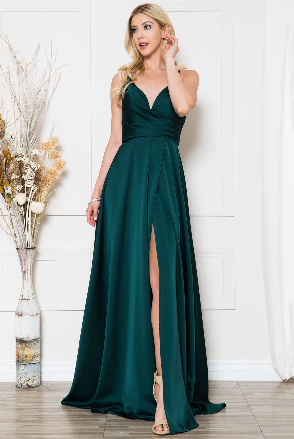 Open-V back satin prom gown w/ spaghetti straps & high slit-smcdress