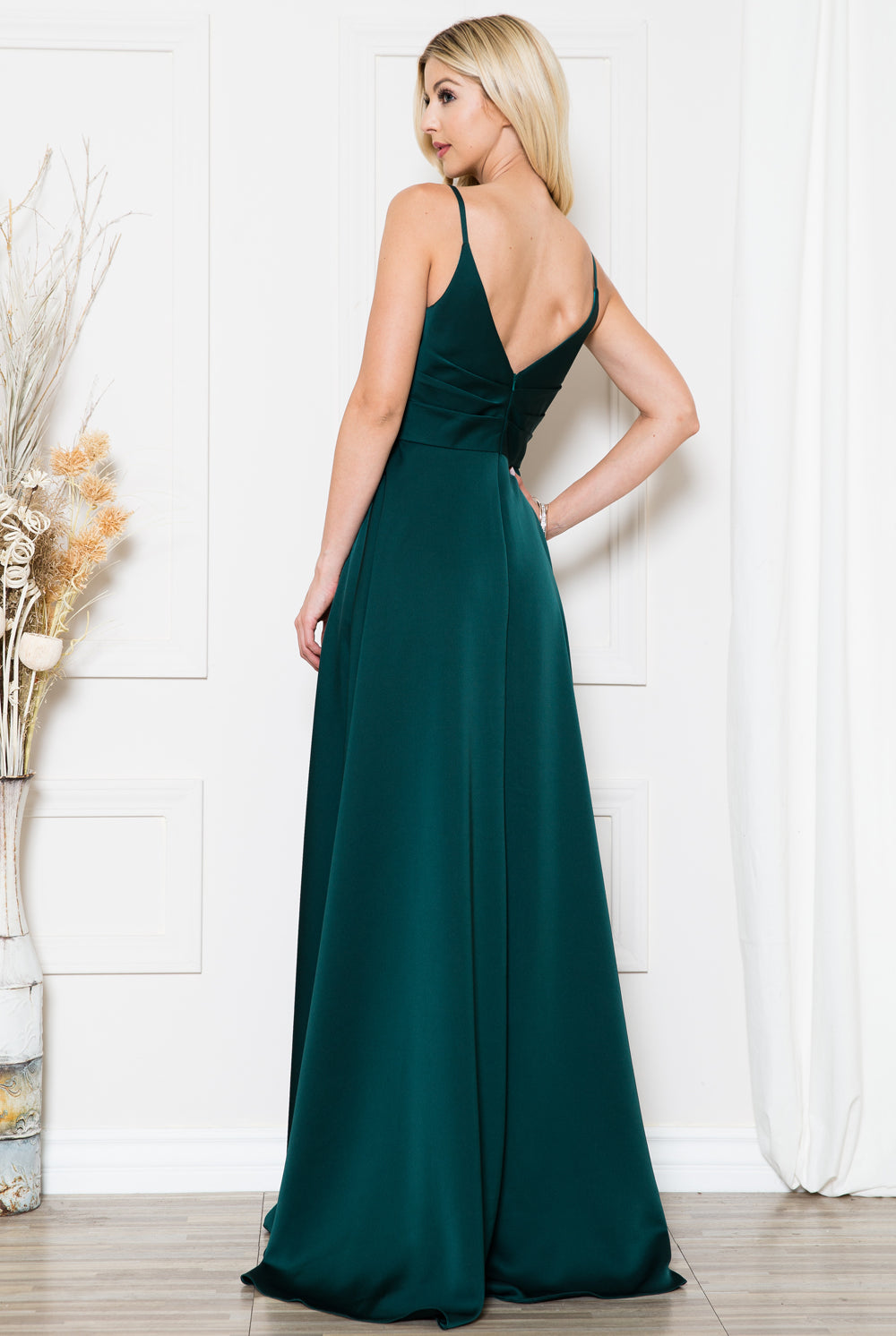 Open-V back satin prom gown w/ spaghetti straps & high slit-smcdress