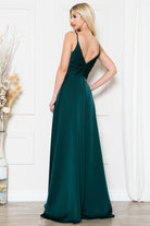 Open-V back satin prom gown w/ spaghetti straps & high slit-smcdress