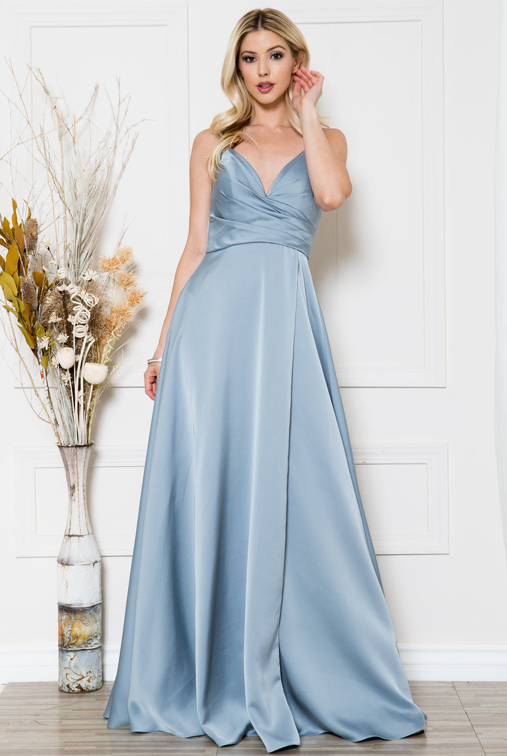Open-V back satin prom gown w/ spaghetti straps & high slit-smcdress