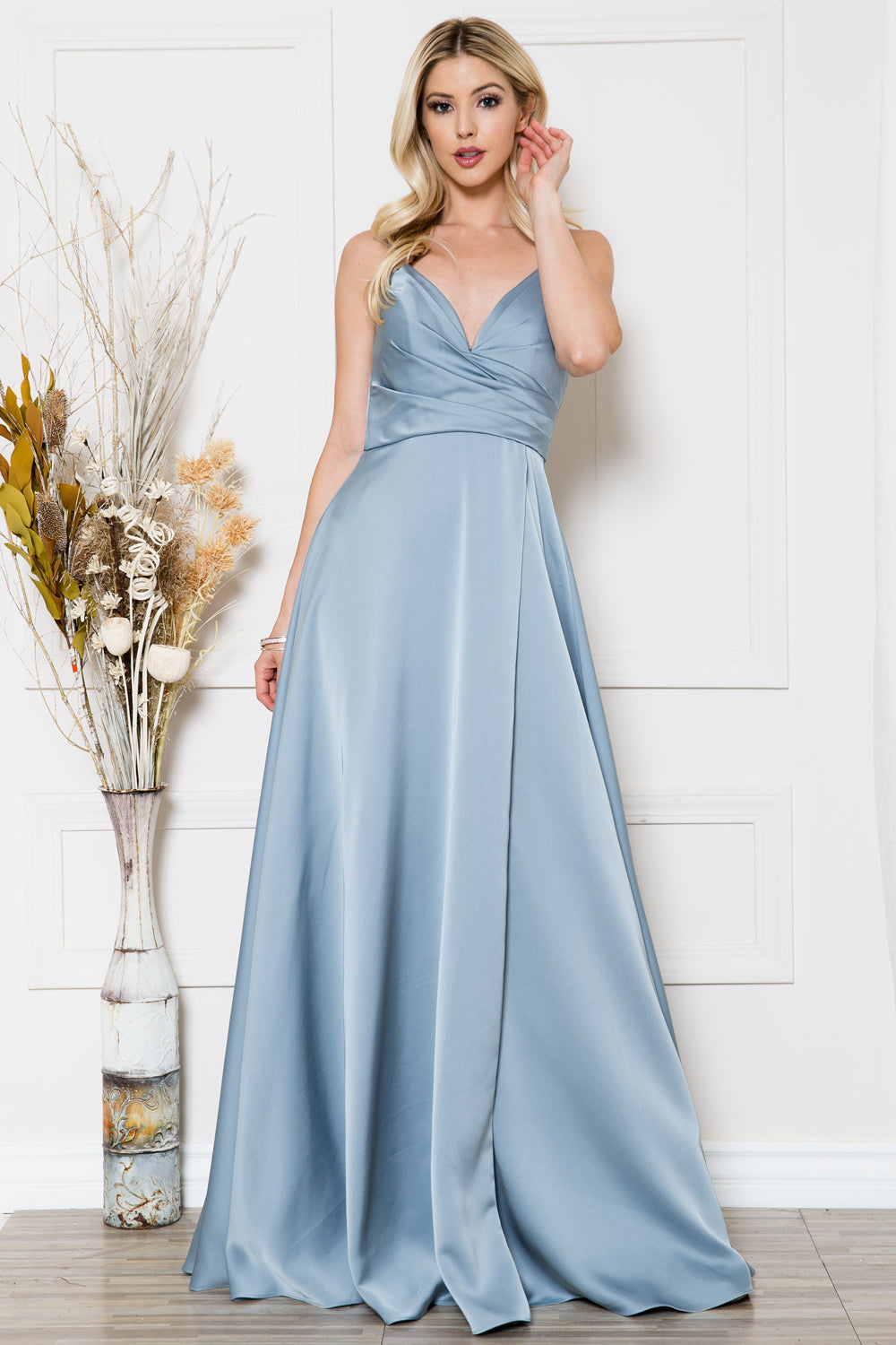 Open-V back satin prom gown w/ spaghetti straps & high slit-smcdress