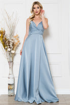 Open-V back satin prom gown w/ spaghetti straps & high slit-smcdress