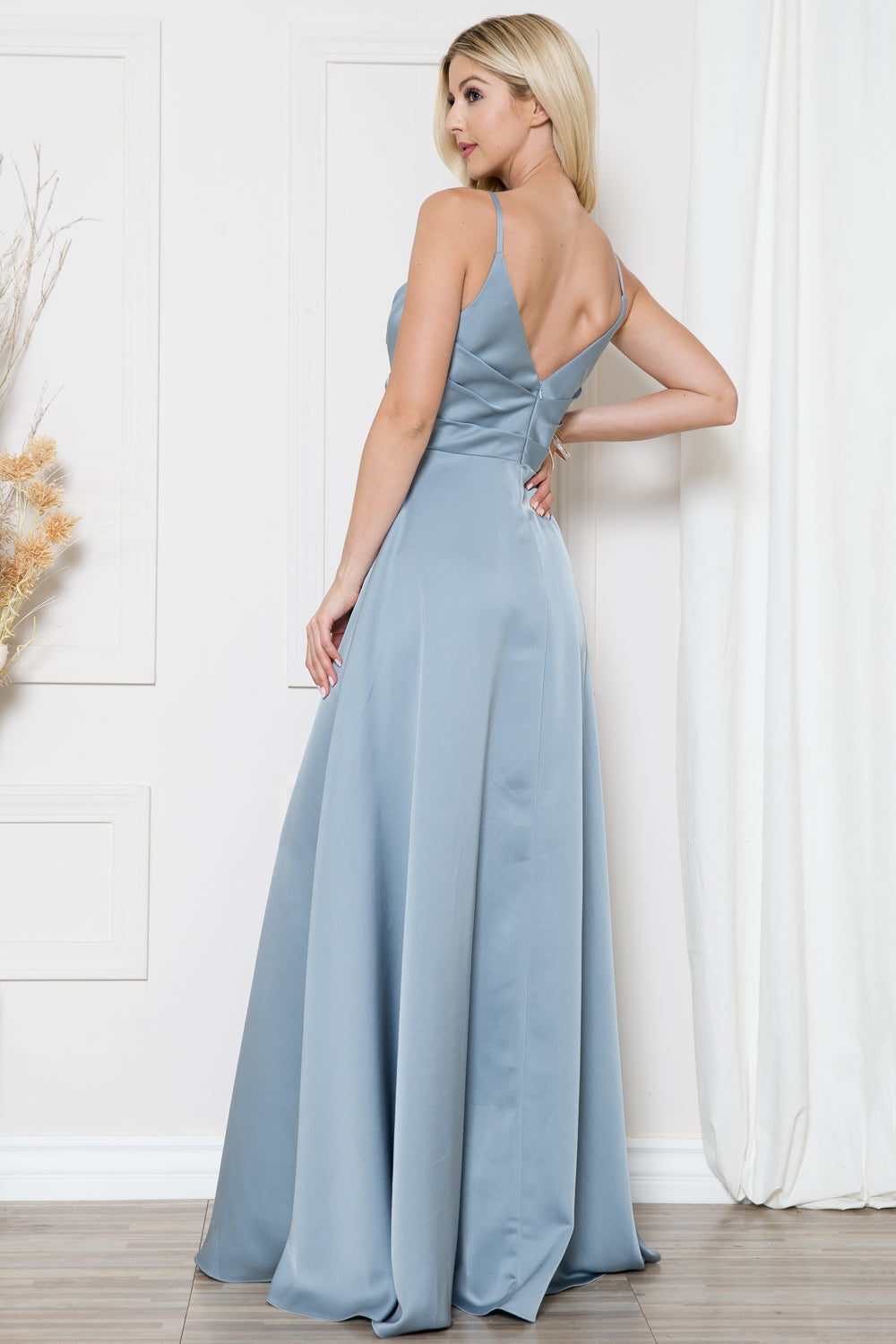 Open-V back satin prom gown w/ spaghetti straps & high slit-smcdress