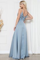 Open-V back satin prom gown w/ spaghetti straps & high slit-smcdress