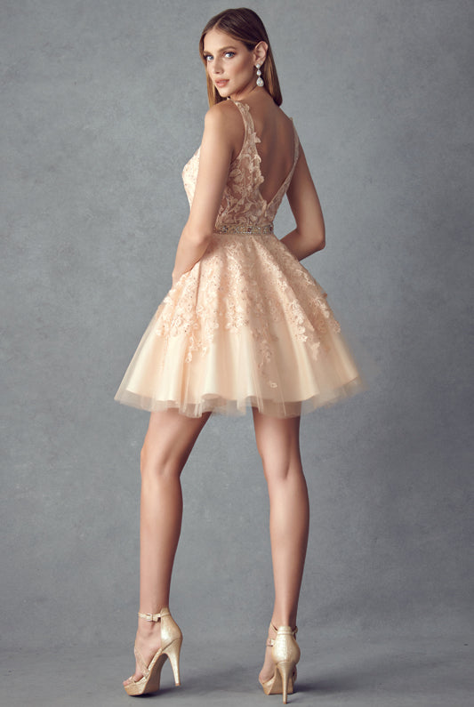 Floral Lace Appliqué Short Cocktail Dress-smcdress