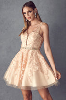 Floral lace appliqued short dress-smcdress