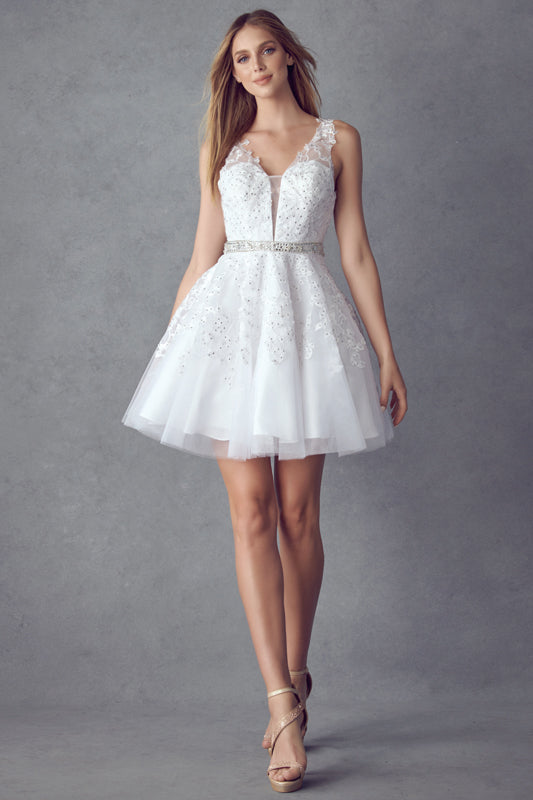 Floral lace appliqued short dress-smcdress