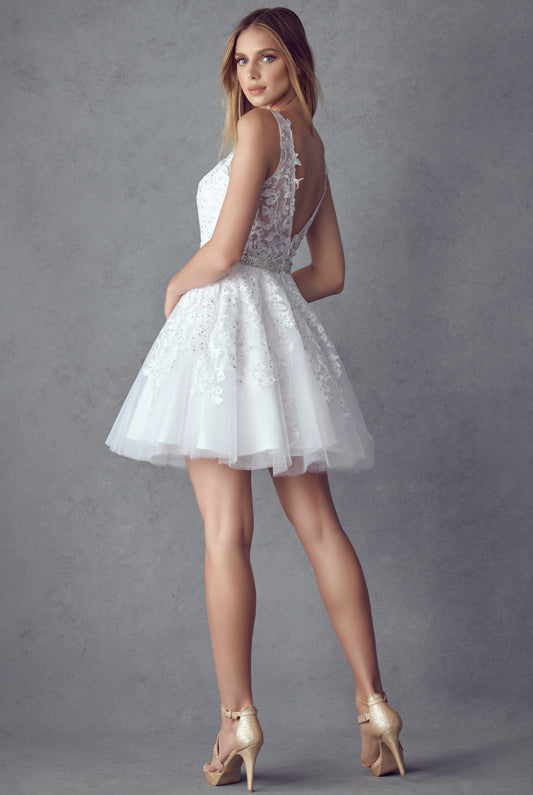 Floral lace appliqued short dress-smcdress