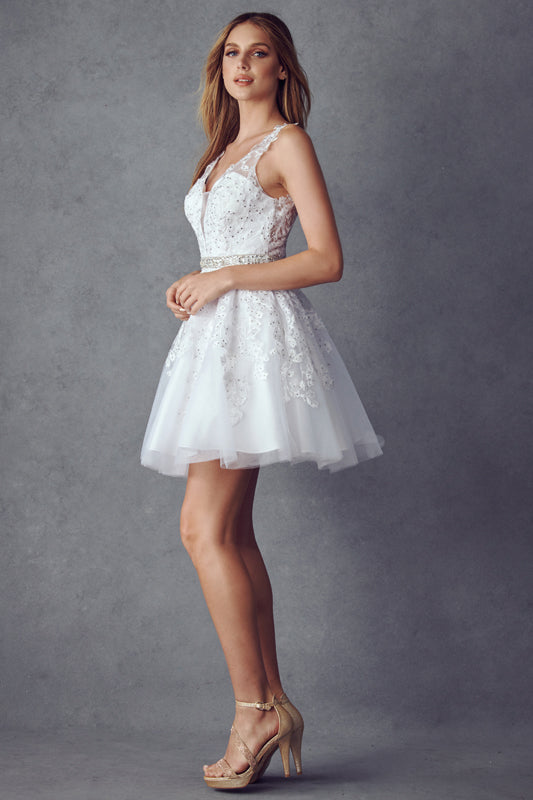 Floral lace appliqued short dress-smcdress