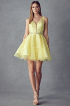 Floral lace appliqued short dress-smcdress