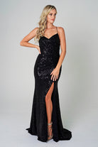 Sequin Spaghetti Strap Prom Dress w/Zipper Back-smcdress