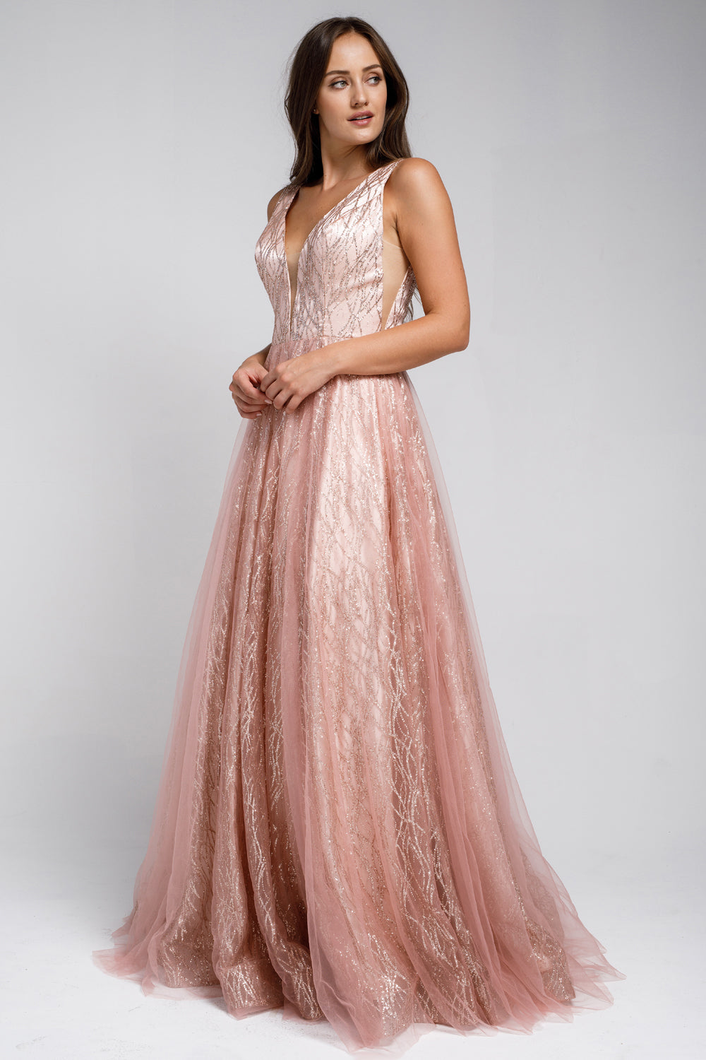 Glitter V-Neck Long Wedding & Prom Dress-smcdress