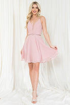 V-Neck Short Dress w/ Illusion Waist Detail-smcdress