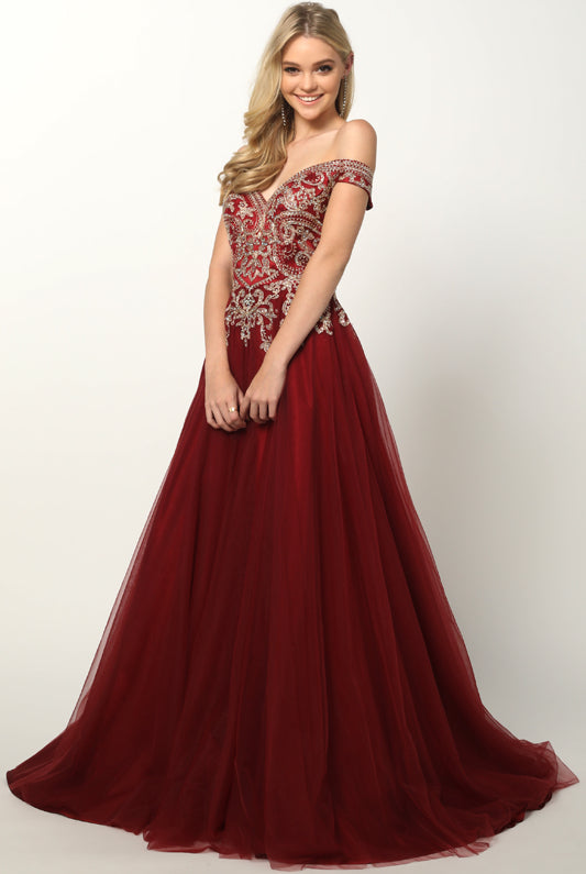 Embroidered off the shoulder prom ballgown-smcdress