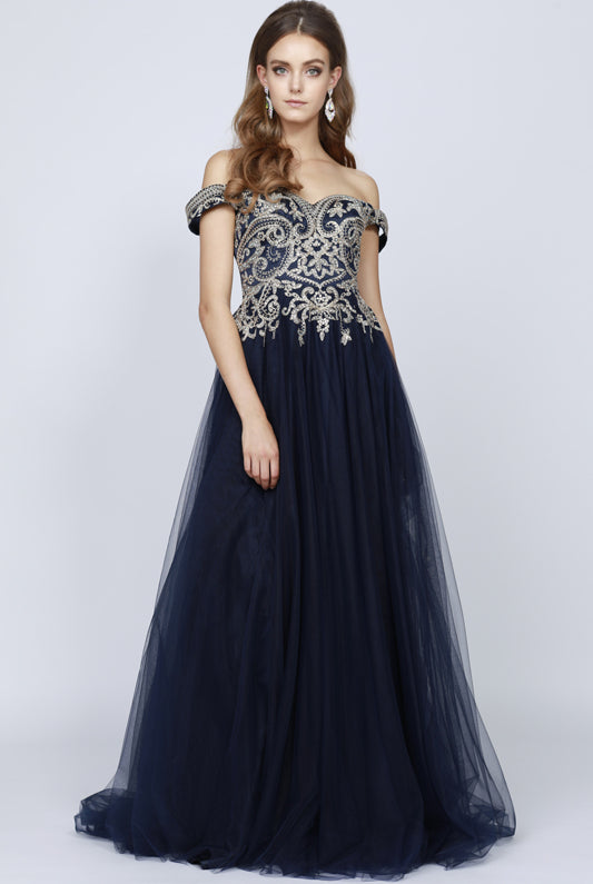 Embroidered off the shoulder prom ballgown-smcdress