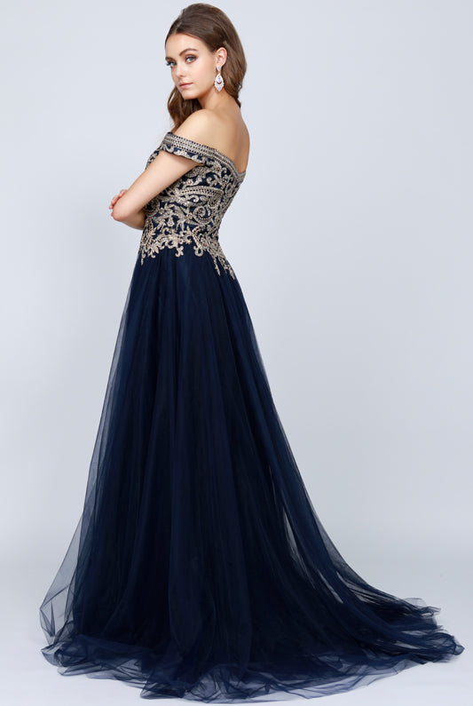 Embroidered off the shoulder prom ballgown-smcdress