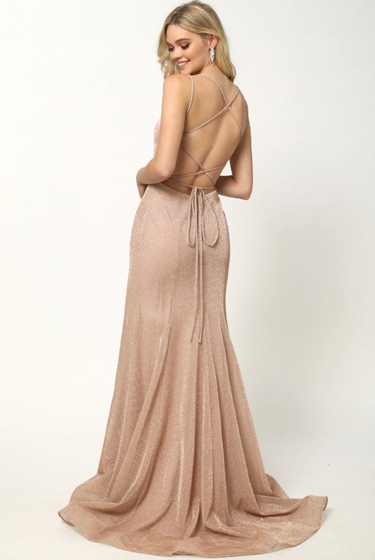 Criss cross back V neck glitter fitted prom dress-smcdress
