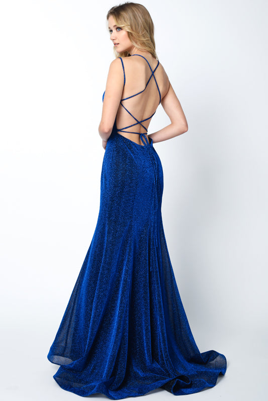 Criss cross back V neck glitter fitted prom dress-smcdress