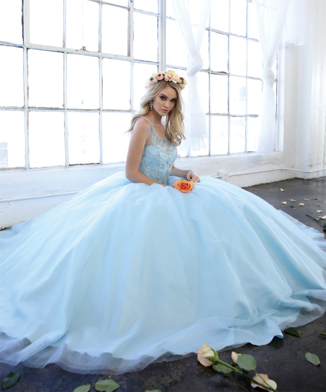 Beaded high neck bodice with keyhole back on tulle ball gown-smcdress