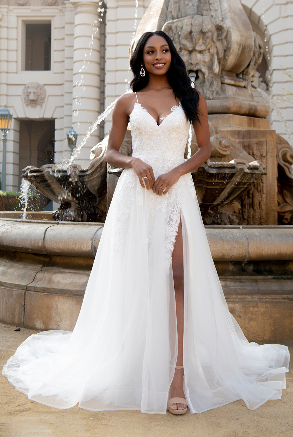 V-Neck Lace Tulle Skirt Slit Long Dress for Wedding & Prom-smcdress
